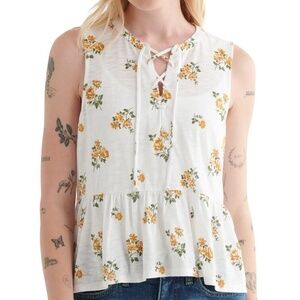 Lucky Brand Women's Sleeveless Tie Neck Relaxed floral yellow white cotton modal